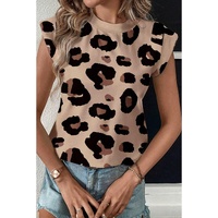 Khaki Leopard Crew Neck Cap Sleeve Casual Tee - L