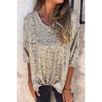 Gray Leopard Print Half Sleeve V Neck Loose Fit T Shirt - L