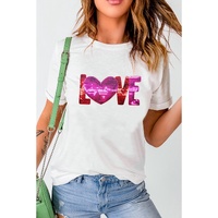 White Heart LOVE Patched Pattern Crewneck Valentines T Shirt - M
