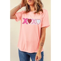 Pink Sequin Heart XOXO Patched Graphic Valentines T Shirt - 2XL