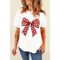 White Heart Bow Printed Crewneck Valentines T Shirt - XL