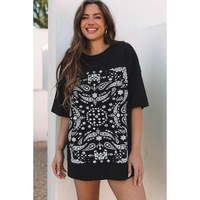 Black Paisley Print Crew Neck Loose Fit Tunic Tee - L