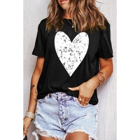 Black Valentines Heart Printed Round Neck T Shirt - XL
