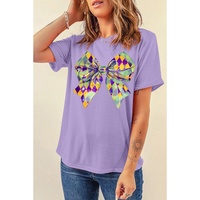 Wisteria Mardi Gras Bowknot Pattern Crew Neck T Shirt - 2XL