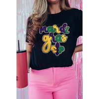 Black Chenille Mardi Gras Letter Graphic Tee - L