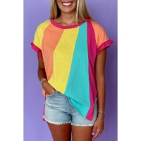 Rose Red Color Block Ruffled Crew Neck Loose Fit T Shirt - M