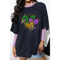 Black Fleur de Lis Heart Printed Mardi Gras T Shirt - XL
