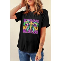Black MARDI GRAS Fleur de Lis Bowknot Printed Crewneck Tee - 2XL