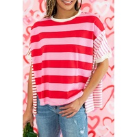 Pink Stripe Patchwork Round Neck Side Split Loose T Shirt - S