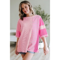 Pink Stripe Color Block Patchwork Loose Half Sleeve T Shirt - L