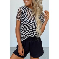 Black Checker Mesh Crew Neck T Shirt - L
