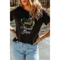 Black Rhinestone Mardi Gras Clown Hat Graphic Crewneck Tee - M