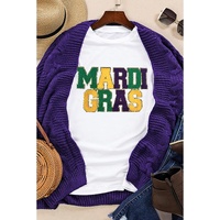 White Chenille MARDI GRAS Patched Graphic T Shirt - XL
