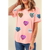 Pink Sequin Valentines Lettering Heart Patched Crewneck T Shirt - M