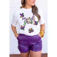 White Sequin Mardi Gras Pattern Graphic Crew Neck Tee - M