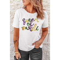 White queen of mardi Sequin Letter Graphic T Shirt - 3XL