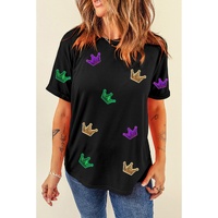 Black Mardi Gras Crown Patched Graphic T Shirt - 2XL