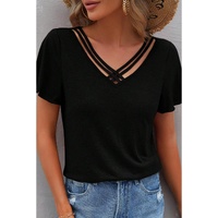 Black Crisscross V Neck Butterfly Sleeve T Shirt - S