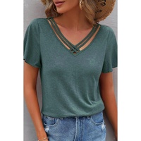 Mist Green Crisscross V Neck Butterfly Sleeve T Shirt - L