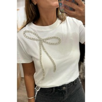 White Rhinestone Bow Embellished Round Neck Tee - L