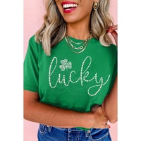 Bright Green Ceramic Rhinestone Lucky Clover Graphic Tee - 3XL