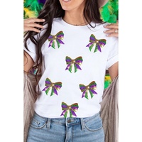 White Sequin Mardi Gras Bow Graphic Crewneck Tee - M