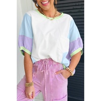 White Color Block Patchwork Half Sleeve Oversized T Shirt - L