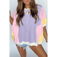 Purple Color Block Patchwork Half Sleeve Oversized T Shirt - L