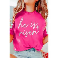 Rose Red Glitter he is risen Cross Printed Crewneck Tee - S