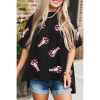 Black Sequin Crayfish Graphic Drop Sleeve High Low Tee - S