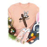Pink He is Risen Easter Bunny Leopard Cross Graphic Tee - M