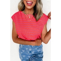 Red Stripe Ribbed Cap Sleeve Round Neck T Shirt - L