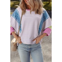 Purple Stripe Floral Color Block Raw Edge Patchwork Bracelet Sleeve Blouse - L