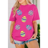 Rose Red Sequin Easter Egg Graphic Casual T Shirt - L