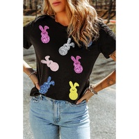 Black Sequin Bunny Doll Graphic Easter Day T Shirt - XL