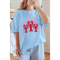 Light Blue Bow Crawfish Printed Relaxed Fit T Shirt - M