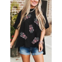 Black Sequin Crawfish Graphic High Low Loose T Shirt - L