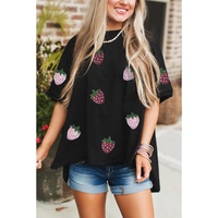 Black Sequin Strawberry Graphic High Low Relaxed Fit Tee - S