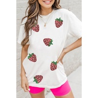 White Sequin Strawberry Patched Crew Neck T Shirt - 2XL