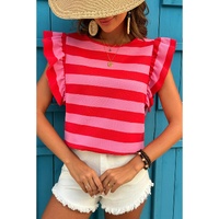 Red Stripe Flutter Sleeve Round Neck T Shirt - XS