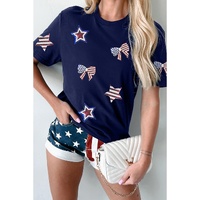 Blue Sequin USA Flag Bow Star Graphic Crewneck T Shirt - S