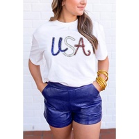 White Sequin USA Graphic Crew Neck Patriotic Tee - 2XL