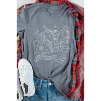 Gray Cowgirl Boots OX Head Western Fashion Print Crewneck Tee - S
