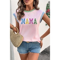 Pink Sequined MAMA Graphic Corded Rib Knit Colorblock T Shirt - L
