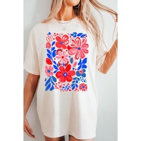 White Floral Print Half Sleeve Round Neck Oversized Tee - M