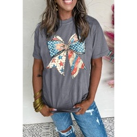 Gray US Flag Bow Print Round Neck Loose T Shirt - S