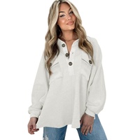 White Oversized Flap Pockets Button Collared Sweatshirt - L