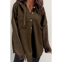 Dark Brown Button Up Contrast Knitted Sleeves Hooded Jacket - L
