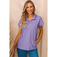 Purple Short Sleeve Buttoned Neck Kangaroo Pocket Hoodie - S