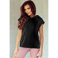 Black Solid Color Cap Sleeve Kangaroo Pocket Hoodie - L